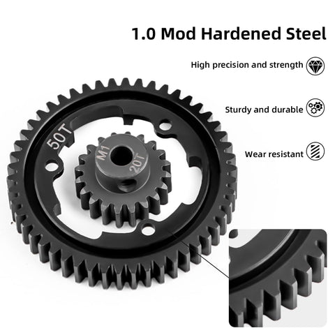 Close-up of the 50T Spur Gear 1.0 Mod Hardened Steel With 20T Pinion Gear Upgrade Kit for Traxxas 1/5 X-Maxx RC showing gear details.