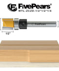 High Octane Half Inch Carbide Flush Trim Router Bit With Top Bearing Quarter Inch Shank Anti Kickback Design, showing dimensions and usage.