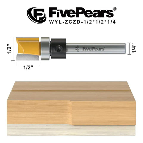 High Octane Half Inch Carbide Flush Trim Router Bit With Top Bearing Quarter Inch Shank Anti Kickback Design, showing dimensions and usage.