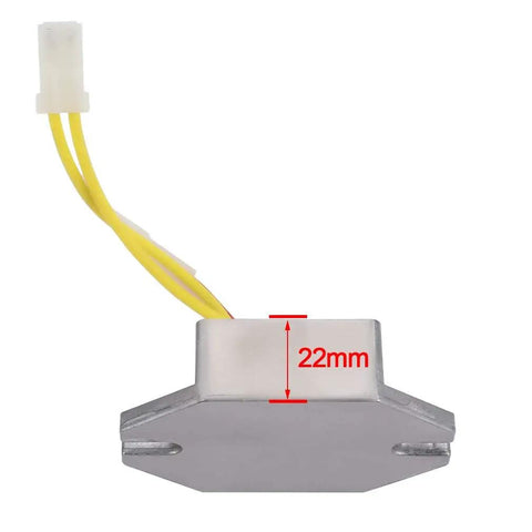 High Output Dual Circuit Alternator With Voltage Regulator For Lawn Mowers and Garden Tractors, detailed view with connector and size indication.
