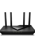 Front view of AX1800 WiFi 6 Router Archer AX21 V5 Dual Band Gigabit Internet with four antennas and sleek black design.