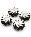 Moebius 60mm Mecanum wheel four-pack in top-down view with white hubs and black omni rollers for 6mm motor shafts