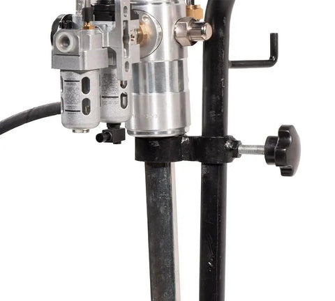 Close-up of 50 to 1 Ratio Air Operated Grease Pump Kit for 5 Gallon Bucket With Trolley Mounted Setup showing metal components
