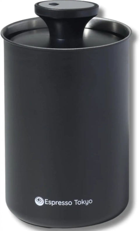 Premium Vacuum Sealed Coffee Canister With Airtight Seal And Light Proof Stainless Steel Keep Your Beans Crispy For That First Sip Magic No More Stale Vibes Great Daily Storage Option From Japan in black stainless steel.