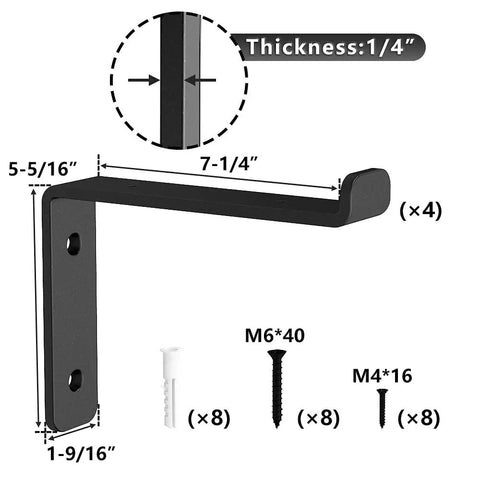 Diagram of 7.25 Inch Floating Shelf Brackets Set Of 4 Built Tough Heavy Duty Wall Mounted One Quarter Inch Thick Matte Black Carbon Steel Shelving Supports For Strong Home Storage And Easy Install, showing dimensions and included hardware.