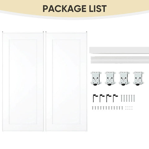 Easy Install Sliding Closet Door For 48 Inch Wide Opening Bypass Style With Two Panels 80 Inch Tall Steel Frame Primed And Preassembled No Fuss Paintable Surface Top And Bottom Track Kits Included Built Tough And Durable package list