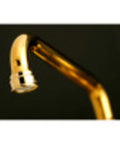 Close-up of spout on Check Out This Super Cool Solid Brass Two Handle Wall Mount Kitchen Faucet In Trendy Brushed Brass With Drip Free Ceramic Disc Cartridge Easy Install Adjustable Centers Perfect For Traditional Homes
