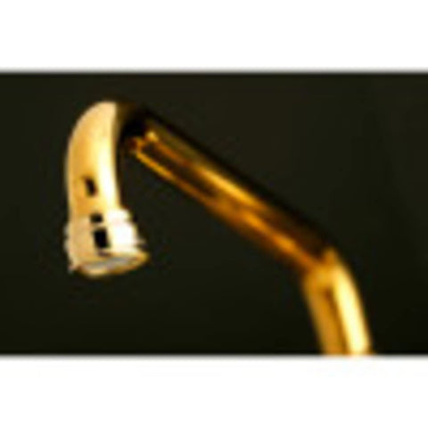 Close-up of spout on Check Out This Super Cool Solid Brass Two Handle Wall Mount Kitchen Faucet In Trendy Brushed Brass With Drip Free Ceramic Disc Cartridge Easy Install Adjustable Centers Perfect For Traditional Homes