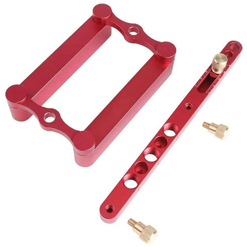 Heavy Duty Self Centering Dowel Jig Setup With Fast Grip Positioner Locator for wood joint alignment, red aluminum tool details