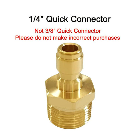 Brass pressure washer coupler with M22-14mm male thread to 1/4-in quick-connect plug, front view.