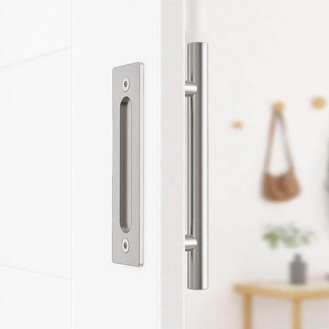 12 Pack Sliding Barn Door Handles Hardware Set With Flush Double Sided Finger Pull For Gates Garages And Cabinets Solid Steel Construction Powder Coated Finish Rust And Corrosion Resistant Smooth Touch No Sharp Edges Stainless Look installed on a white door.