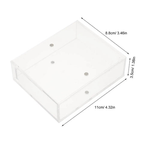 Dual Sided Clear Acrylic Label Roll Dispenser Featuring A Smooth Pull Through Tray Straight Up The Sleek Desktop Organizer for shipping tags, measuring 11cm x 8.8cm x 3.5cm.