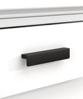 Top Shelf 10 Pack Of Matte Black Finger Edge Pulls With Five Inch Center Spacing And Smooth Rounded Corners on white drawer.