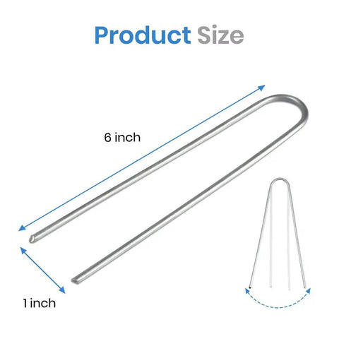 Six Inch Galvanized Garden Stakes 150 Pack, Heavy Duty Anti Rust Landscape Staples with dimensions displayed in image