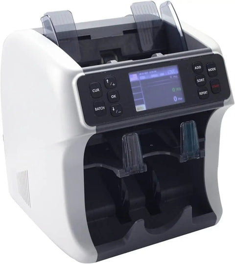 Heavy Duty Money Counter Machine With Smokin Fast Counterfeit Detector And Dual Pocket Value Bill Sorter For Mixed Denomination Cash showing dual hoppers and control panel.