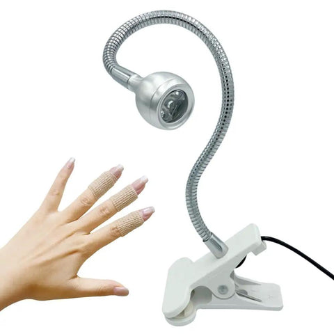 Big Chip 395 Nanometer UV Nail Light With Gooseneck Clamp On The Go Portable Resin Curing Lamp 5V USB Input 2W next to woman's hand.