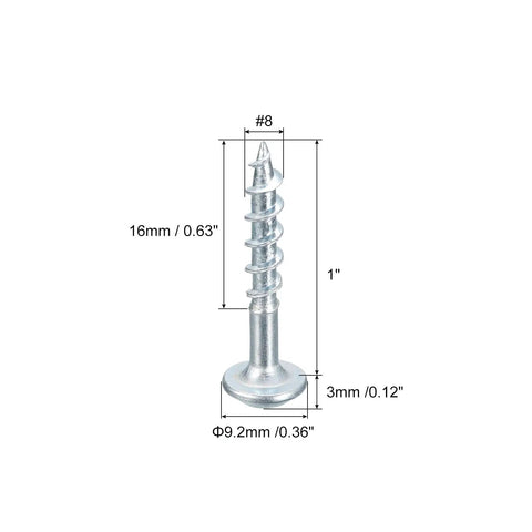 Eight By One Inch Pocket Hole Screws, Self Tapping Square Drive Zinc Plated, showing dimensions and thread details.