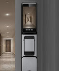 Slick Smart Door Lock Featuring Built In Camera Voice Intercom And Fast Fingerprint Scan Password Entry Along With Hella Secure Auto Deadbolt close-up view of lock with display.