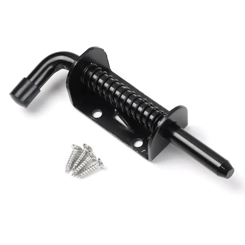 Heavy Duty Sliding Bolt Latch Featuring Spring Loaded Pin Crafted From Premium 304 Stainless Steel with black finish and screws.