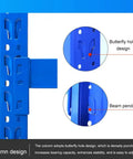Column design of Heavy Duty Four Tier Steel Shelving Unit Bolt Free Assembly showcasing butterfly hole detail and beam pendant for stability.