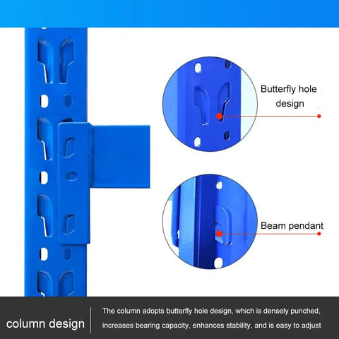 Column design of Heavy Duty Four Tier Steel Shelving Unit Bolt Free Assembly showcasing butterfly hole detail and beam pendant for stability.