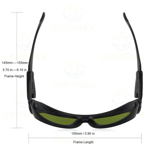 Pro Level Laser Safety Glasses With Slick Low Profile Frames And Hella Secure OD 6 Plus Shielding Over Violet And Infrared Bands For Indoor Or Outdoor Shop Work, front view with dimensions.