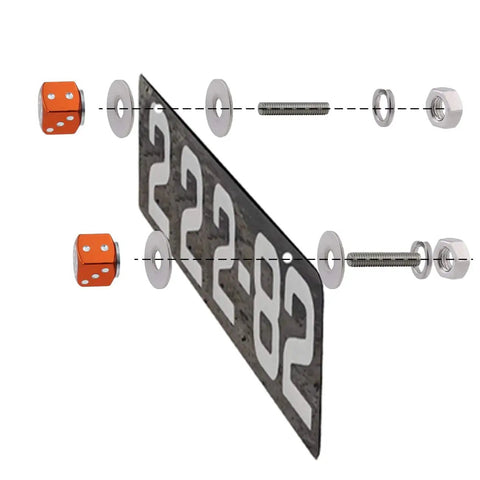Exploded view of Dice License Plate Screws Set Aluminum Alloy Decorative Fasteners For Cars Motorcycles And Trucks Bolt Frame Mounting Kit Orange 4 Pcs with components