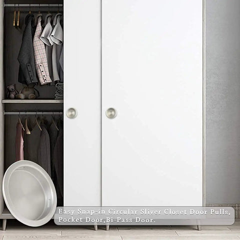 Four Piece Round Recessed Finger Pull Handles For Closet Doors And Cabinet Upgrades Featuring Satin Nickel Finish on modern closet doors.