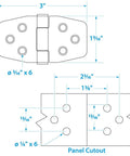 Diagram of Barrel Up Friction Hinge In 316 Stainless Steel For Lightweight Boat Doors and compartments, dimensions labeled.
