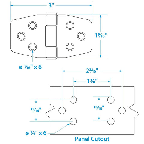 Diagram of Barrel Up Friction Hinge In 316 Stainless Steel For Lightweight Boat Doors and compartments, dimensions labeled.