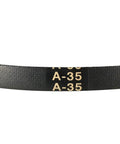 Close-up of A35 V Belt 35 Inch Inner Length 13mm Width 8mm Thick Neoprene Rubber Drive Belt with A-35 label visible.