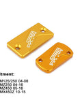 Premium 6061 T8 Aluminum Front And Rear Brake Fluid Reservoir Cover Cap Set For RM125 RM250 2001 2008 RMZ250 2007 2022 RMZ450 2005 2022 RMX450Z 2010 2017 Dirt Bike Gold Finish on white background