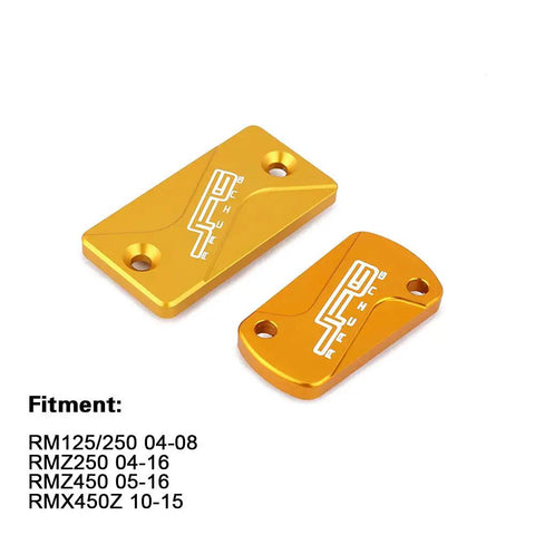 Premium 6061 T8 Aluminum Front And Rear Brake Fluid Reservoir Cover Cap Set For RM125 RM250 2001 2008 RMZ250 2007 2022 RMZ450 2005 2022 RMX450Z 2010 2017 Dirt Bike Gold Finish on white background