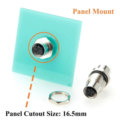 Rugged M12 B Code 5Pin Male To Female Bulkhead Connector IP67 panel mount shown installed with cutout size of 16.5mm.