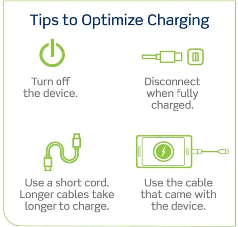 Tips to optimize charging graphic, showing instructions to turn off device, disconnect when charged, use a short cord, and original cable.