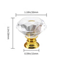 12 Pack 30mm Gold Crystal Cabinet Knobs Featuring Slick Diamond Cut Glass Faces And Durable Aluminum Alloy Backplates, detailed view with dimensions.