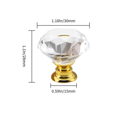 12 Pack 30mm Gold Crystal Cabinet Knobs Featuring Slick Diamond Cut Glass Faces And Durable Aluminum Alloy Backplates, detailed view with dimensions.