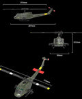 Dope UH 1 Huey RC Helicopter 1/48 Scale 6CH Gyro Stabilized With Altitude Hold shown from multiple angles with measurements.