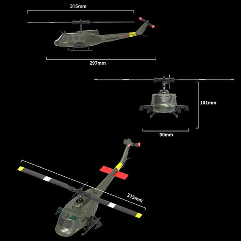 Dope UH 1 Huey RC Helicopter 1/48 Scale 6CH Gyro Stabilized With Altitude Hold shown from multiple angles with measurements.