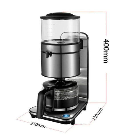 Bean To Cup Coffee Maker For Home And Office Automatic Drip Machine That Delivers Fresh Brew For Five Cups Stainless Steel Kitchen Workhorse Easy To Use Perfect For Busy Mornings, showing dimensions and features.
