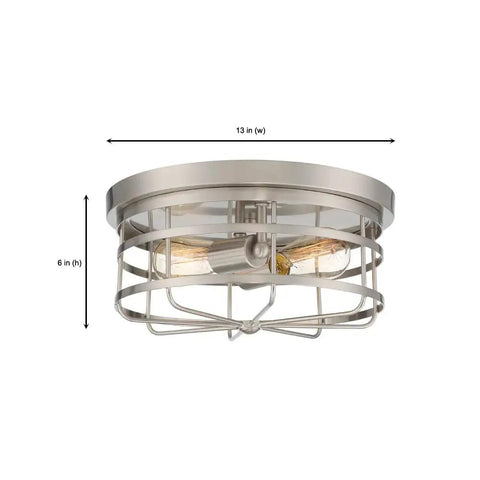 Two Light Flush Mount Ceiling Light Satin Platinum Finish Damp Location Rated Dimmable With Hardware And Canopy, 13x6 inches