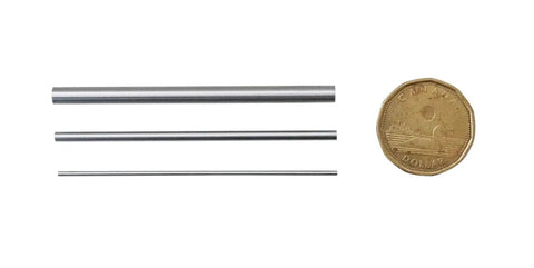 Three metal wires of varying thickness next to a coin for scale; part of US And Metric Thread Measuring Wire Set With Wire Holders For External Threads 3 Wire Method 48 Pieces In 16 Sizes Measures 3 To 48 TPI And Half Millimeter To Six Millimeter Pitch Case Included EG06 1002