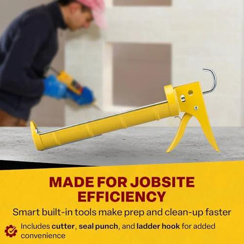 Caulk gun, yellow dripless CR400 contractor cradle frame with ladder hook and built-in cutter, 29 oz capacity