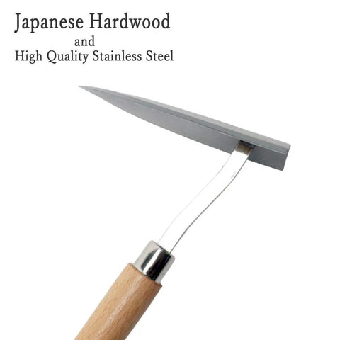 Japanese Garden Triangle Hoe With Stainless Steel Blade And Wood Handle For Weeding And Edging close-up of blade and handle.