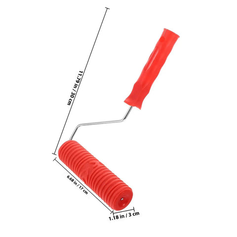 Red Grain Pattern Paint Roller For Wall Texturing With Ergonomic Plastic Handle, red rubber tread, metal shaft, 17 cm long.