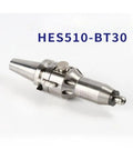 Top Shelf BT30 CNC Spindle Motor With Speed Increasing Chuck Compact Engraving Power Head side view showing sleek stainless steel design and interface.