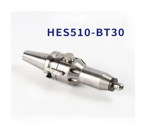 Top Shelf BT30 CNC Spindle Motor With Speed Increasing Chuck Compact Engraving Power Head side view showing sleek stainless steel design and interface.
