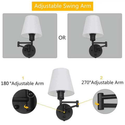 Adjustable Swing Arm Wall Sconce Set Of 2 With White Shade And Black Metal Modern Plug In Or Hardwire Wall Lamps For Bedside Farmhouse Kitchen And Living Room Bulbs Not Included