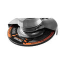 Heavy Duty 15 Amp Corded 7 Inch Angle Grinder With Adjustable Twist Handle close-up of grinding wheel and safety warnings.