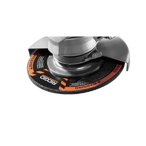 Heavy Duty 15 Amp Corded 7 Inch Angle Grinder With Adjustable Twist Handle close-up of grinding wheel and safety warnings.